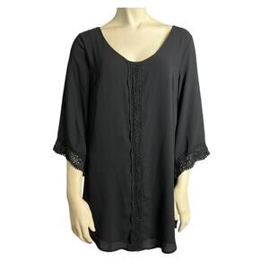 ASTR 3/4 Sleeve Crochet Trim Tunic Blouse Top Black Women's Size S Mini Dress